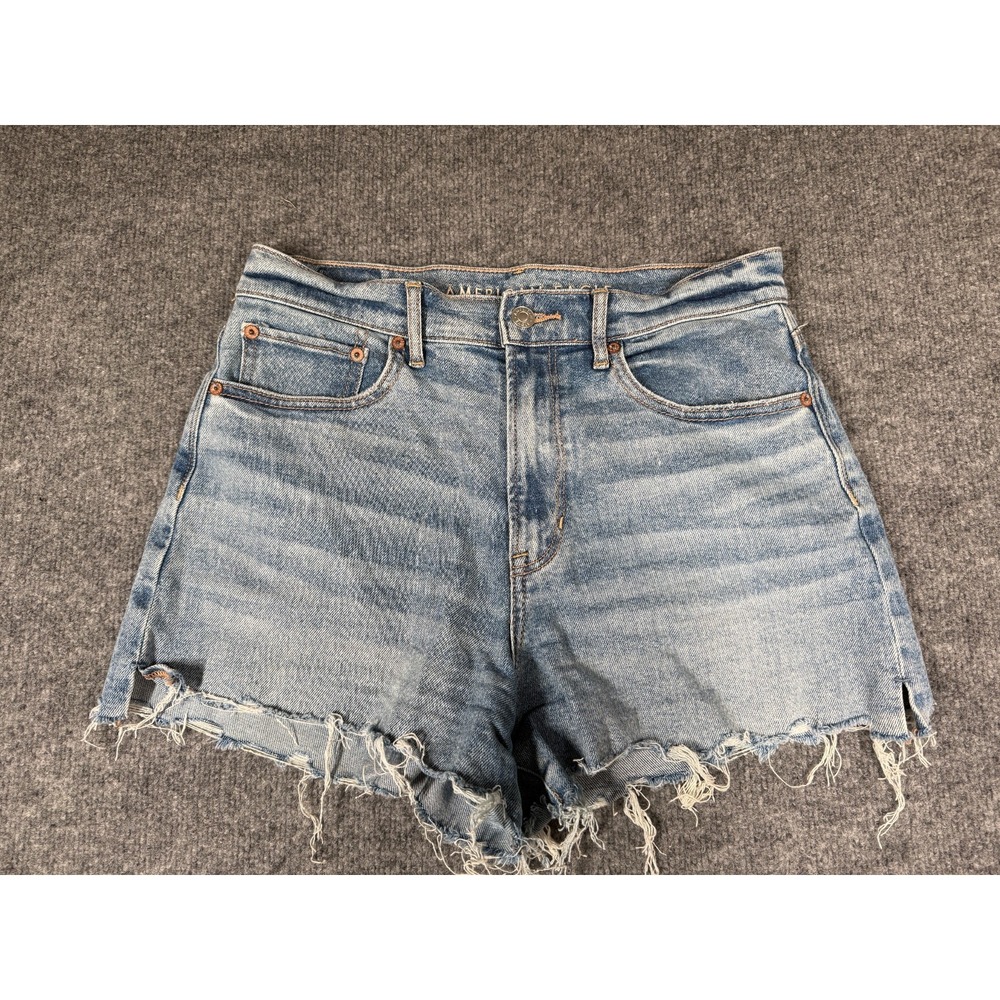 American Eagle Highest Rise '90s Boyfriend Shorts Womens 6 Blue Stretch Raw Hem